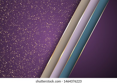 Gold halftone dots and inclined ribbon stripes banner vector design. 