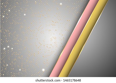 Gold halftone dots and inclined ribbon stripes banner vector design. VIP business background template. Gold metallic edge lines, gradient overlapping shapes. Abstract wallpaper modern design.
