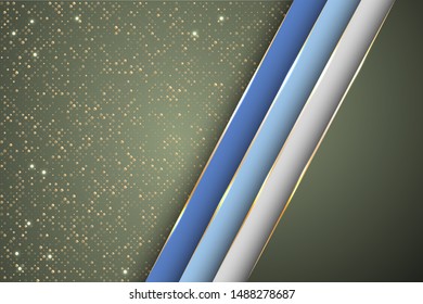 Gold halftone dots and inclined ribbon stripes banner vector design. VIP poster background template. Futuristic cover graphic design. Gradient facets shapes, stripes gold edges lines vector.