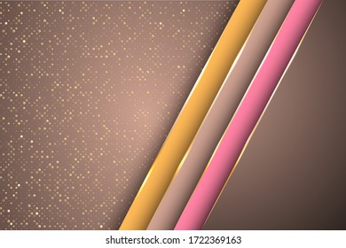 Gold halftone dots and inclined ribbon stripes banner vector design. Premium banner background template. Multi layers paper cut material design. Abstract wallpaper modern design.