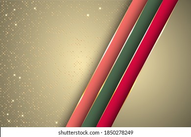 Gold Halftone Dots And Inclined Ribbon Stripes Banner Vector Design. Glossy Poster Background Template. Trendy Tech Vector Graphics. Poly Gradient Shapes With Metallic Glossy Edge Lines.