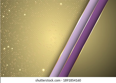 Gold halftone dots and inclined ribbon stripes banner vector design. VIP business background template. Creative digital illustration. Gradient facets shapes, stripes gold edges lines vector.