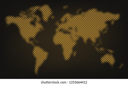 Gold halftone dotted world map. Vector illustration. Abstract Dotted world map