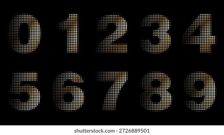 Números de meio-tom dourado de 0 a 9. Figura decorativa grunge pontilhada. Vetor abstrato grunge art lettering. Texto de cartões comemorativos, cabeçalho do calendário.