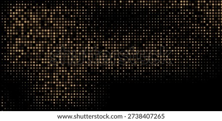 Gold halftone on black background. Vector golden glitter with dotted sparkles or halftone shine pattern texture Pop Art 