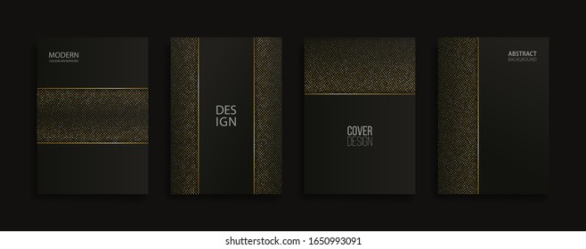 gold halftone pattern background cover. polka dot geometric texture with golden color glitter and black backdrop. luxury wallpaper. geometry vector illustration