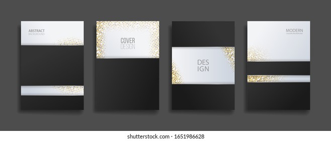 gold halftone pattern background cover. polka dot geometric texture with golden color black white backdrop. luxury wallpaper. geometry vector illustration