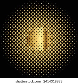 Gold Halftone round background. Golden luxury Halftone circle logo. Dots emblem. Dotted texture border. Vector illustration isolated on black background.