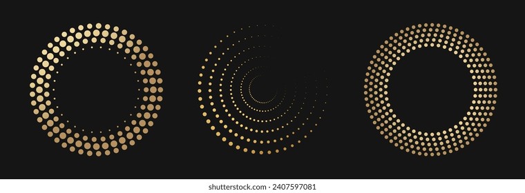 Gold Halftone round frame design. Round luxury logo abstract golden ring emblem geometric background