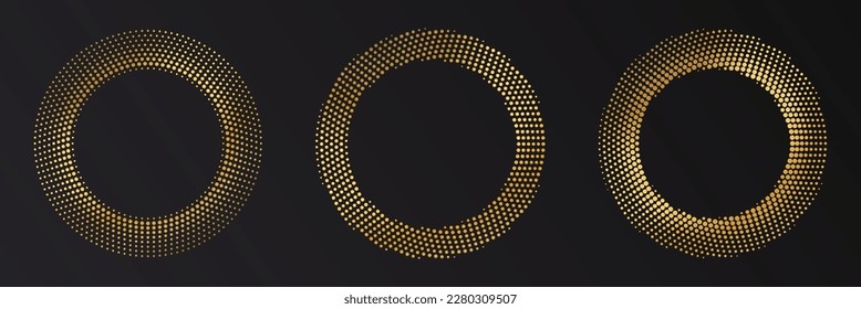 Gold Halftone round frame. Golden luxury Halftone circle logo. Dots emblem. Dotted texture border. Vector illustration isolated on white background.