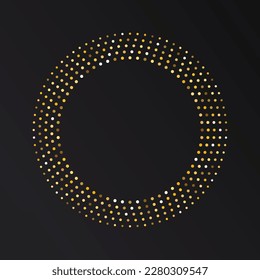 Gold Halftone round frame. Golden luxury Halftone circle logo. Dots emblem. Dotted texture border. Vector illustration isolated on white background.