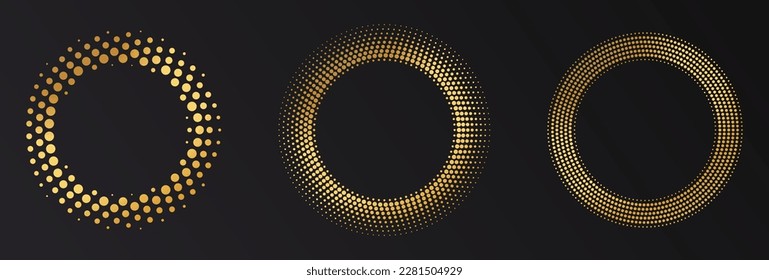 Gold Halftone round frame. Golden luxury Halftone circle logo. Dots emblem. Dotted texture border. Vector illustration isolated on white background. - Shutterstock ID 2281504929