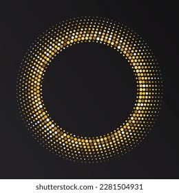 Gold Halftone round frame. Golden luxury Halftone circle logo. Dots emblem. Dotted texture border. Vector illustration isolated on white background.