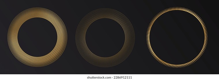 Gold Halftone round frame. Golden luxury Halftone circle logo. Dots emblem. Dotted texture border. Vector illustration isolated on white background.