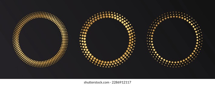 Gold Halftone round frame. Golden luxury Halftone circle logo. Dots emblem. Dotted texture border. Vector illustration isolated on white background.