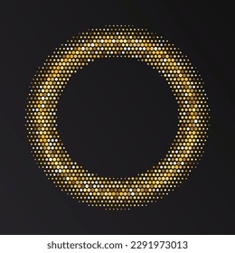 Gold Halftone round frame. Golden luxury Halftone circle logo. Dots emblem. Dotted texture border. Vector illustration isolated on white background.