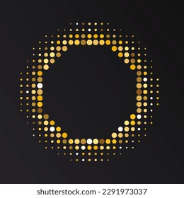 Gold Halftone round frame. Golden luxury Halftone circle logo. Dots emblem. Dotted texture border. Vector illustration isolated on white background.