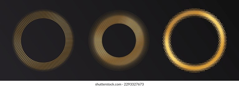 Gold Halftone round frame. Golden luxury Halftone circle logo. Dots emblem. Dotted texture border. Vector illustration isolated on white background.