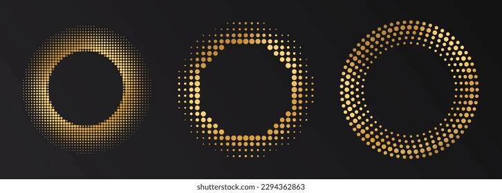 Gold Halftone round frame. Golden luxury Halftone circle logo. Dots emblem. Dotted texture border. Vector illustration isolated on white background.