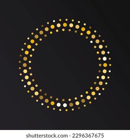 Gold Halftone round frame. Golden luxury Halftone circle logo. Dots emblem. Dotted texture border. Vector illustration isolated on white background.