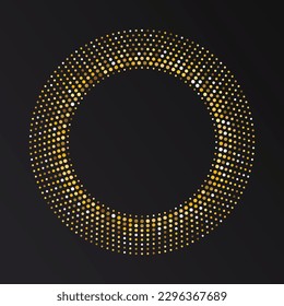 Gold Halftone round frame. Golden luxury Halftone circle logo. Dots emblem. Dotted texture border. Vector illustration isolated on white background.