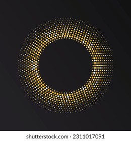 Gold Halftone round frame. Golden luxury Halftone circle logo. Dots emblem. Dotted texture border. Vector illustration isolated on white background.