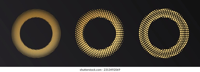 Gold Halftone round frame. Golden luxury Halftone circle logo. Dots emblem. Dotted texture border. Vector illustration isolated on white background.