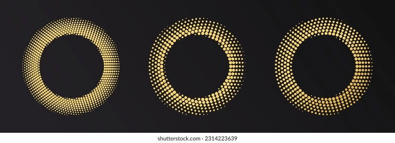 Gold Halftone round frame. Golden luxury Halftone circle logo. Dots emblem. Dotted texture border. Vector illustration isolated on white background.