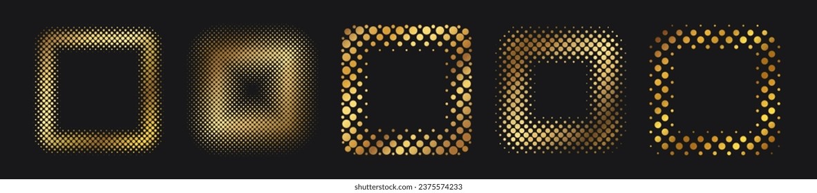 Gold Halftone round frame. Golden luxury Halftone circle logo. Dots emblem. Dotted texture border. Vector illustration isolated on black background. Halftone elements for design with golden texture