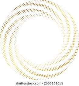 Gold Halftone round frame. Golden luxury Halftone twisted circle logo. Dots emblem. Dotted texture border. Confetti explosion. Vector illustration EPS10.