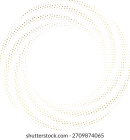 Marco redondo de semitono dorado. Logotipo de círculo trenzado de semitono de lujo dorado. Emblema de puntos. Borde de textura punteada. Explosión de confeti. Ilustración vectorial EPS10.