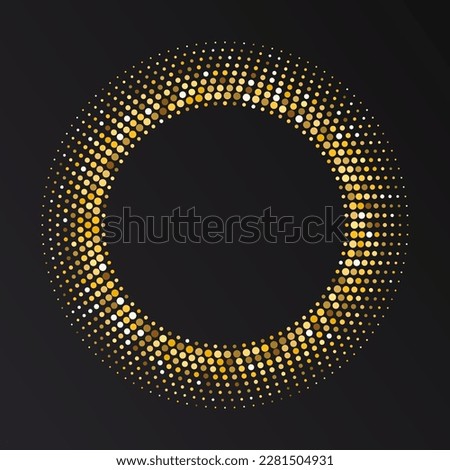 Gold Halftone round frame. Golden luxury Halftone circle logo. Dots emblem. Dotted texture border. Vector illustration isolated on white background.