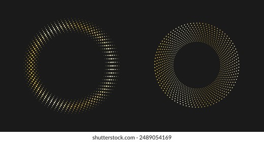 Gold Halftone round frame. luxury Halftone circle logo. Dotted texture border. Vector illustration isolated on black background.