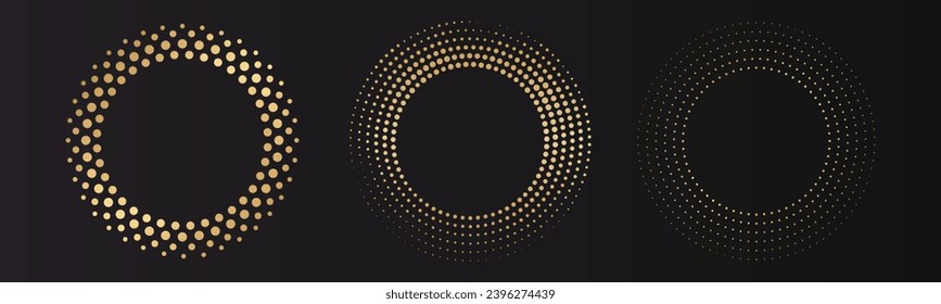 Juego de marcos redondos de medio tono dorado. emblema del círculo de oro de lujo. Borde de textura con puntos. Ilustración del vector aislada en fondo negro