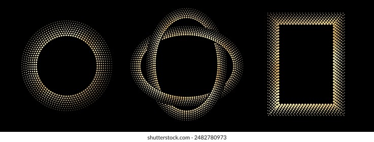 Gold Halftone round, oval and square frame. Different Golden luxury Halftone circle and rectangular dots border. Dotted texture frames. Vector illustration isolated on black background.