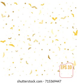 Gold Halloween flying bats and golden stars. Decoration element from scattered silhouettes. Textured background