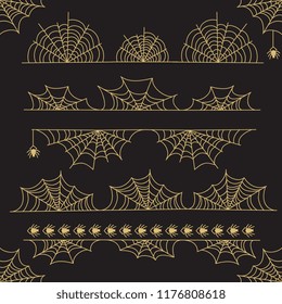 Gold Halloween vector frame border and dividers with spider web isolated on black background illustration