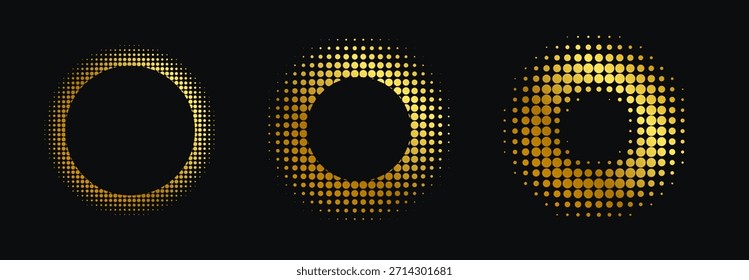 Plantilla de diseño de conjunto de Halton dorado sobre fondo negro.
Marco redondo de oro. Logotipo del círculo del patrón del brillo. Emblema de puntos. Frontera de textura futurista moderna
