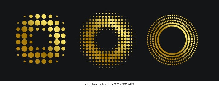 Plantilla de diseño de conjunto de Halton dorado sobre fondo negro.
Marco redondo de oro. Logotipo del círculo del patrón del brillo. Emblema de puntos. Frontera de textura futurista moderna