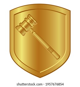 gold hammer symbol logo in golden shield lawyer or auction gavel 