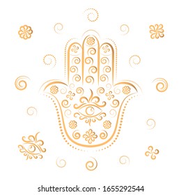 Gold hamsa Arab and Jewish palm-shaped protective amulet. Miriam's hand, Fatima's hand, God's hand. Boho style. Line art, contour drawing. Isolated image of with line ornament on a white background. 