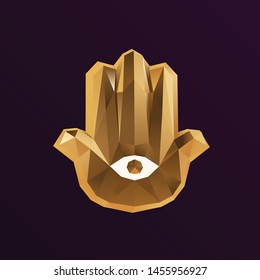 Gold Hamsa Hand of Fatima on Purple Background. Shiny Metallic Golden Low Poly Vector 3D Rendering