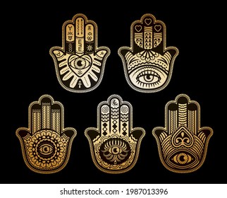 Goldener Hamsa-Set-Vektor. Tattoo-orientalische Ornament