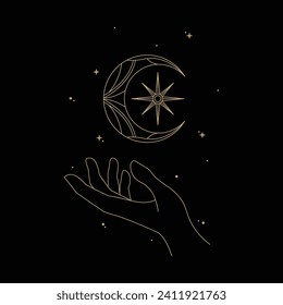 gold hand with abstract moon and sun