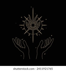gold hand with abstract sun and universe