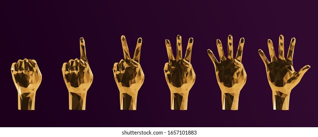 Gold Hand Count. Shiny Metallic Set of Golden Counting Hands on Purple Background. Low Poly Vector 3D Rendering
