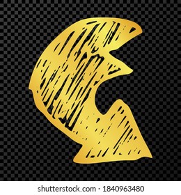 Gold hand drawn arrow. Sketch of gold doodle arrow isolated on dark transparent background. Vector illustration.