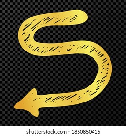 Gold hand drawn arrow. Sketch of gold doodle arrow isolated on dark transparent background. Vector illustration.