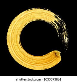 Gold Hand Drawn Circle Paint Brush Stroke Isolated On Black Background. Abstract Vector Golden Acrylic Textured Smear Spot. Banner Design Template