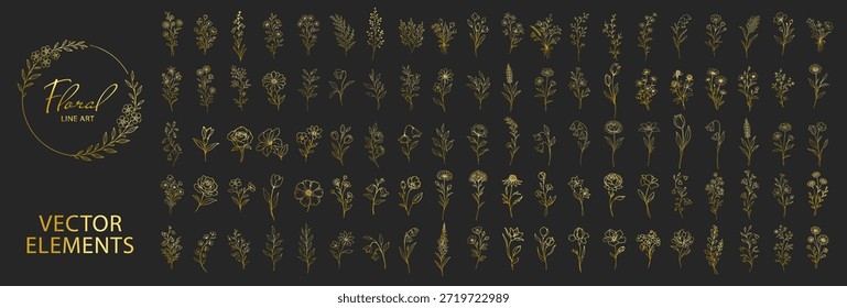 Colección de Elementos florales dibujados a mano de oro, flores botánicas elegantes y arte de línea de hojas, diseño decorativo de lujo para la boda e invitación sobre fondo transparente